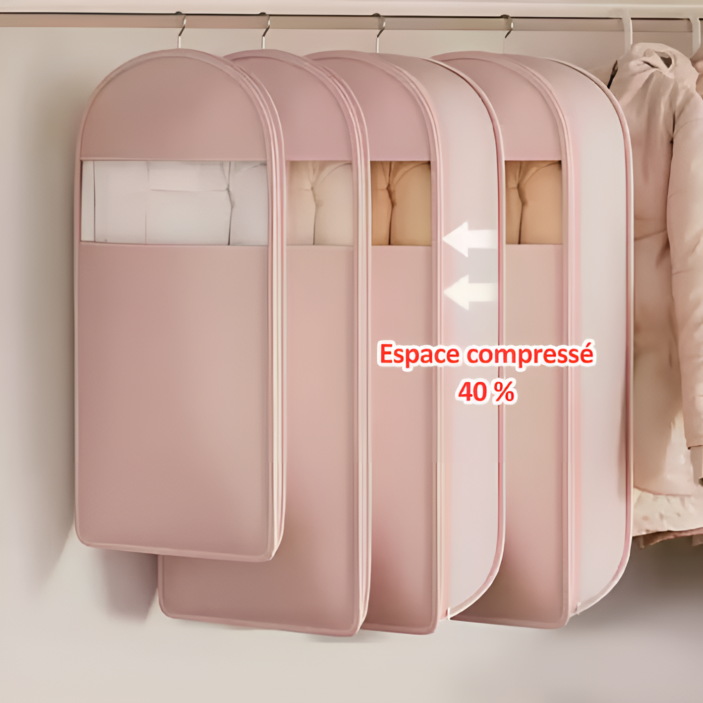 Sac à vêtements suspendu gain de place avec fermeture éclair auto-compressante