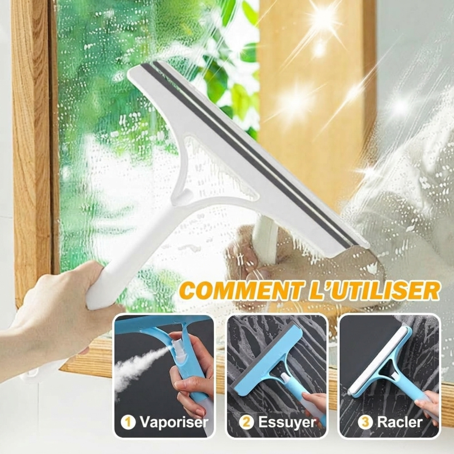 NettoVitre Pro — Grattoir Nettoyant 3-en-1 — Vaporisateur · Brosse · Raclette