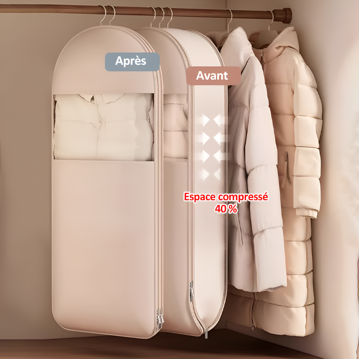 Sac à vêtements suspendu gain de place avec fermeture éclair auto-compressante