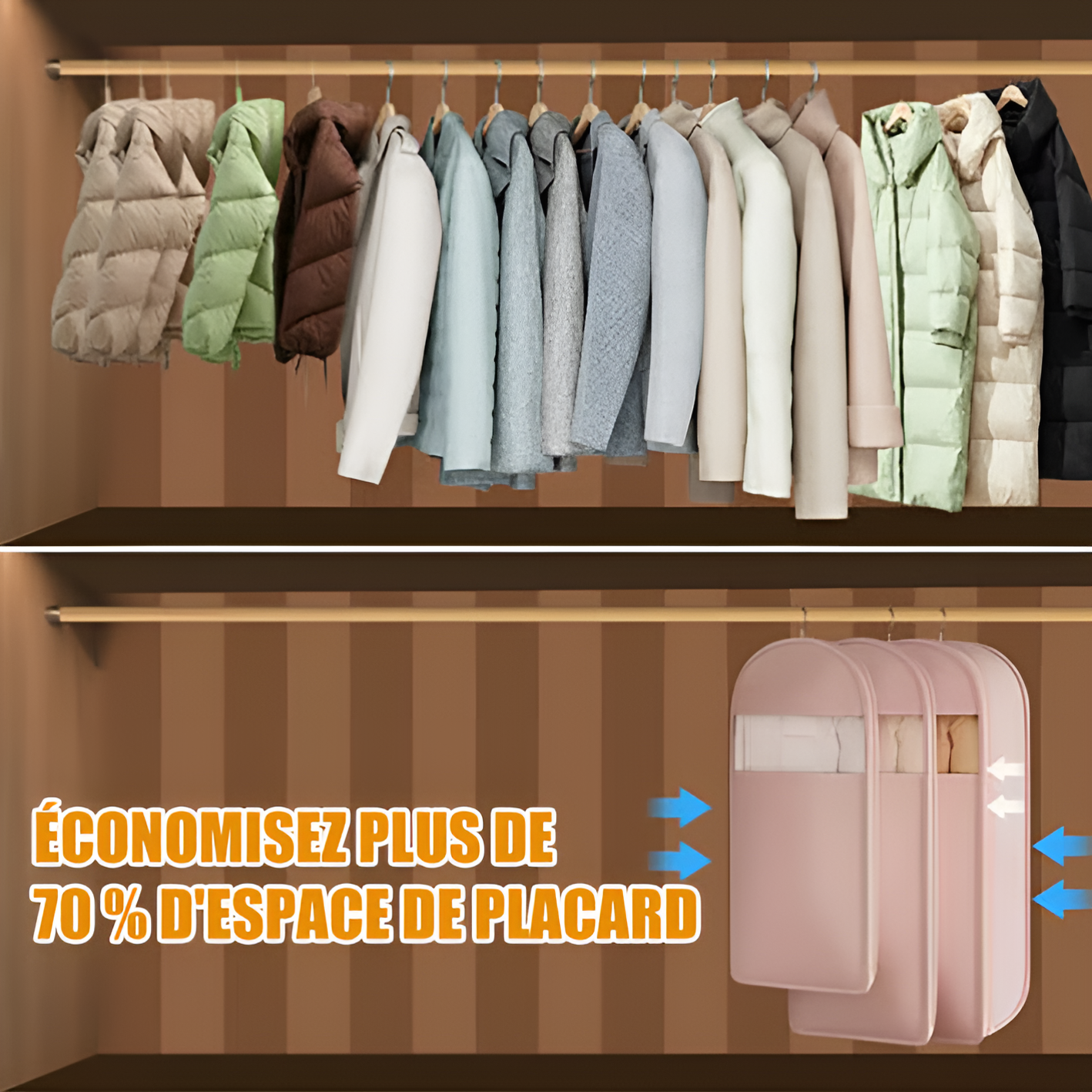 Sac à vêtements suspendu gain de place avec fermeture éclair auto-compressante