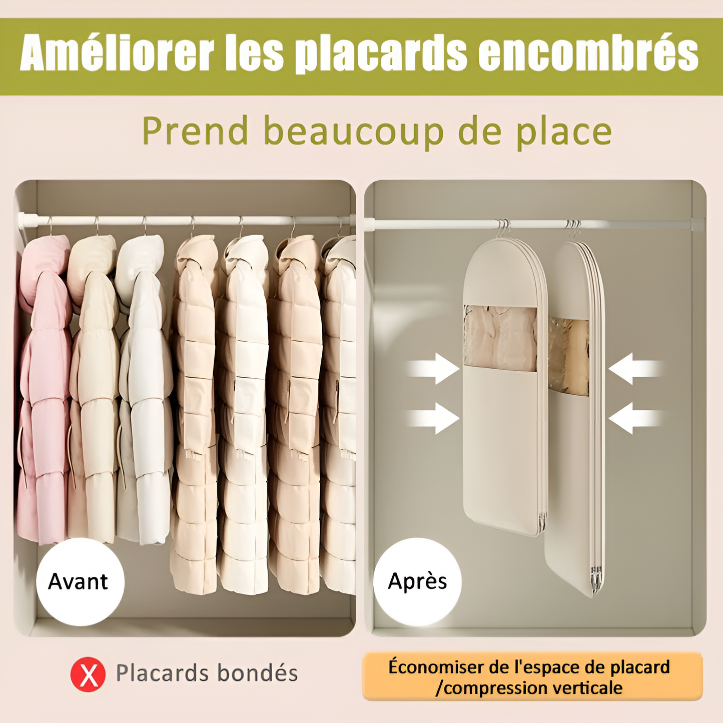 Sac à vêtements suspendu gain de place avec fermeture éclair auto-compressante