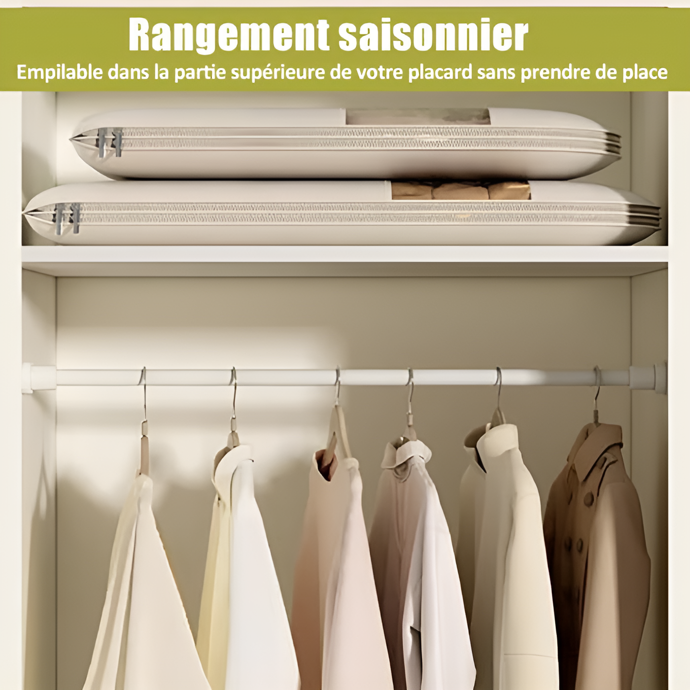 Sac à vêtements suspendu gain de place avec fermeture éclair auto-compressante