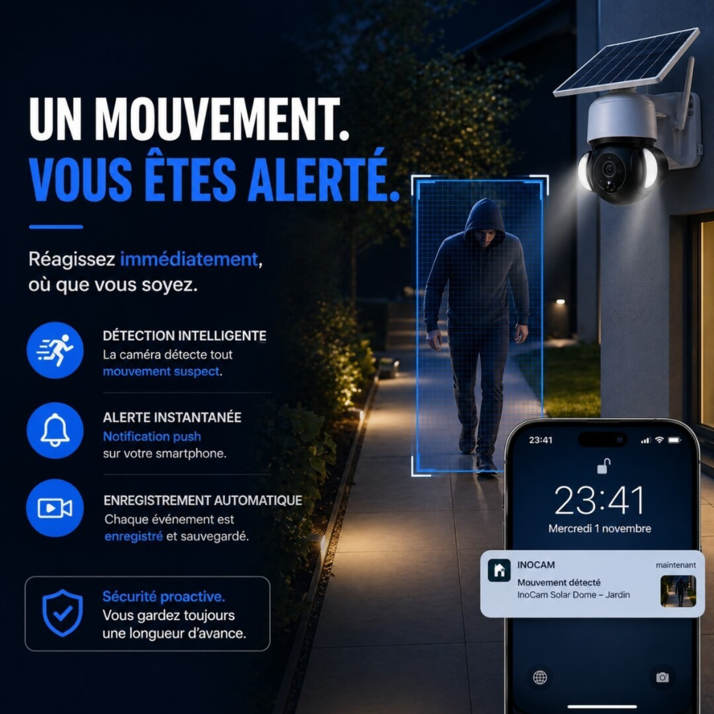 VigiLux 360 Pro™ | Caméra de Surveillance Solaire WiFi — Vision 360°, Jour & Nuit.