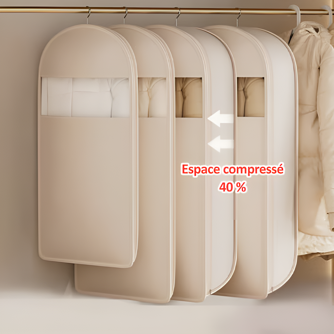 Sac à vêtements suspendu gain de place avec fermeture éclair auto-compressante