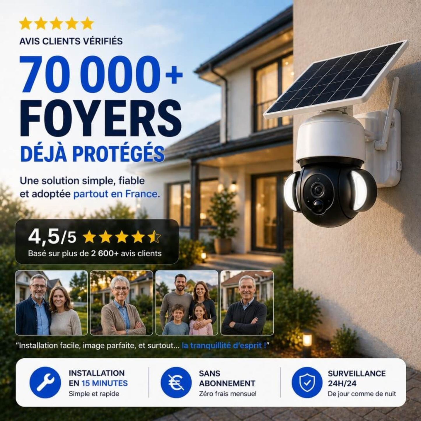 VigiLux 360 Pro™ | Caméra de Surveillance Solaire WiFi — Vision 360°, Jour & Nuit.
