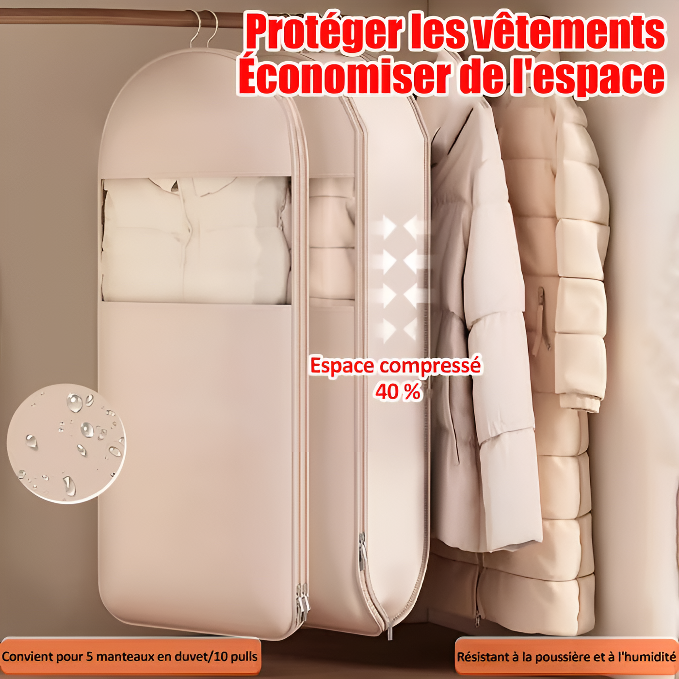 Sac à vêtements suspendu gain de place avec fermeture éclair auto-compressante