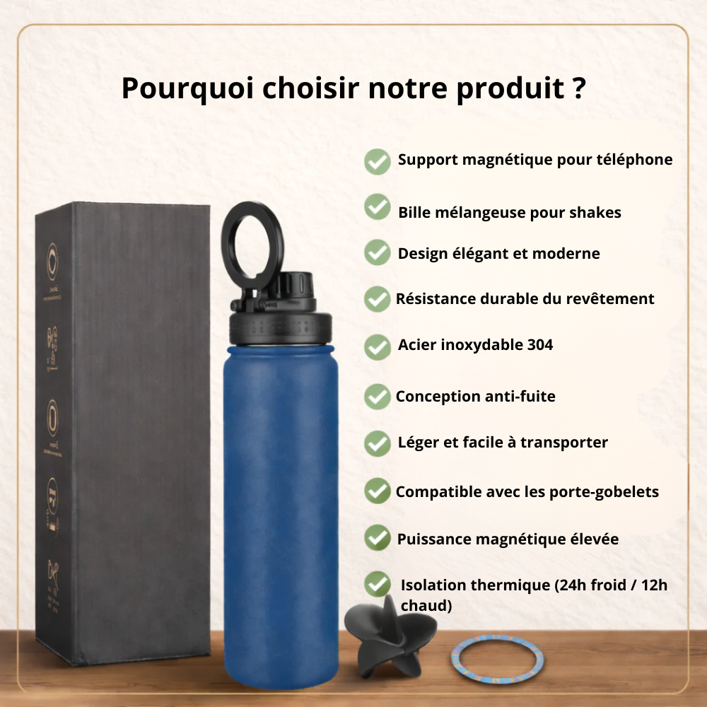 Aimora™ – Bouteille Shaker Magnétique Isotherme 3-en-1