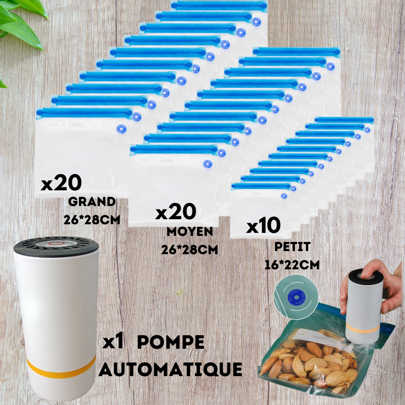 Pompe automatique + Ensemble de sacs réutilisables de conservation alimentaire