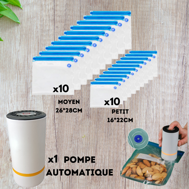 Pompe automatique + Ensemble de sacs réutilisables de conservation alimentaire